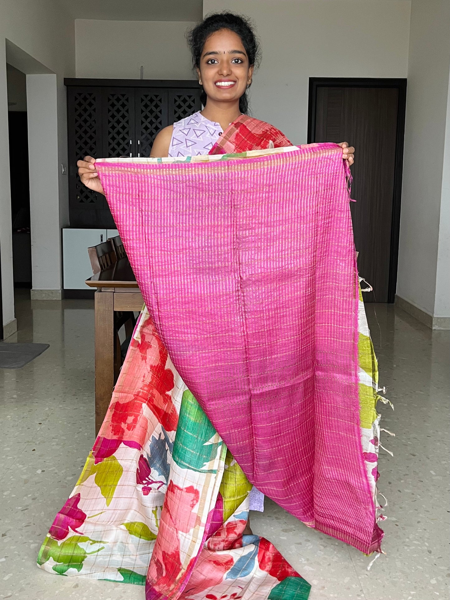 Cream and Rani Pink Tussar Silk Saree with Prints