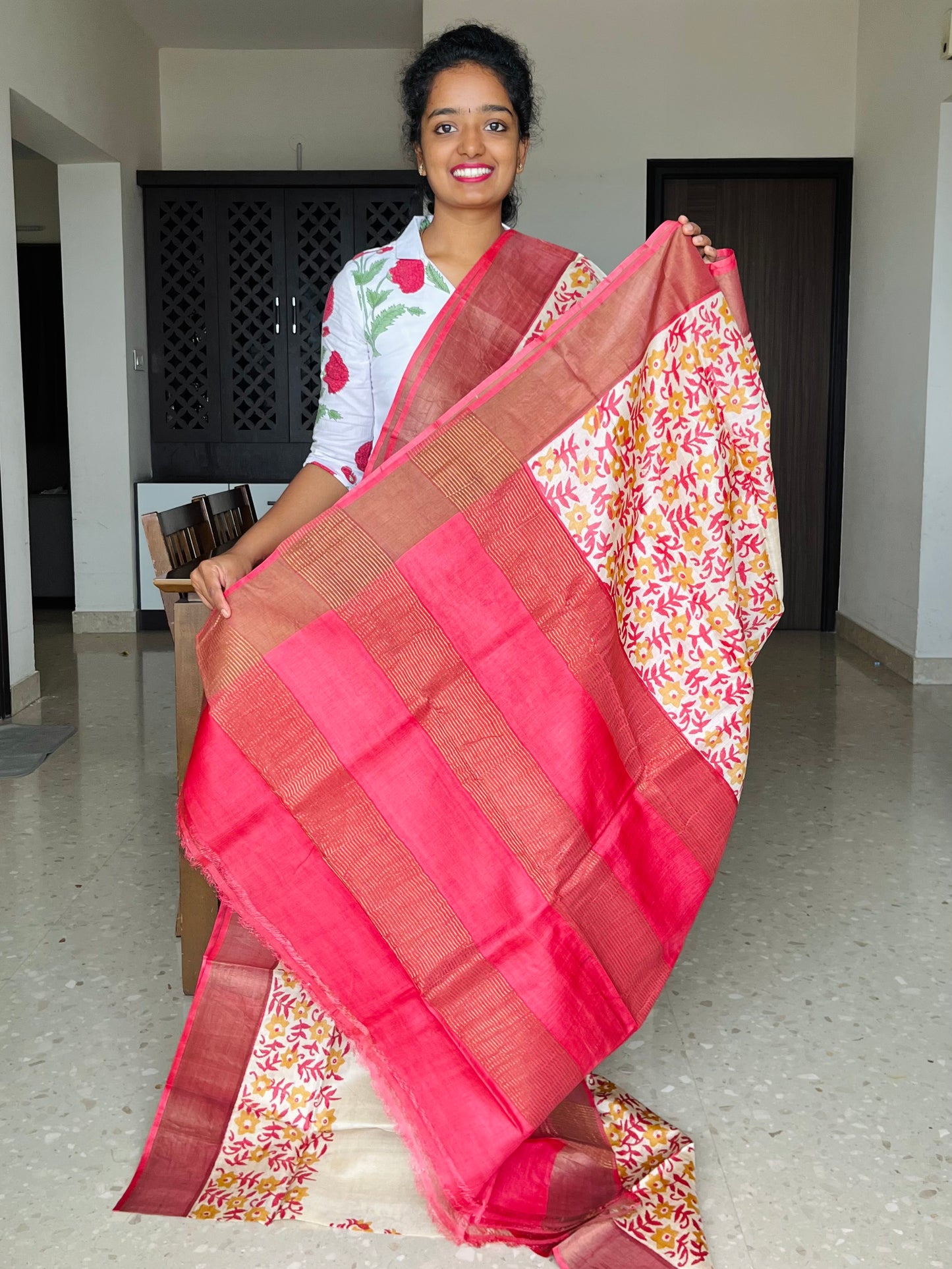 Cream and Red Tussar Silk Saree with Prints