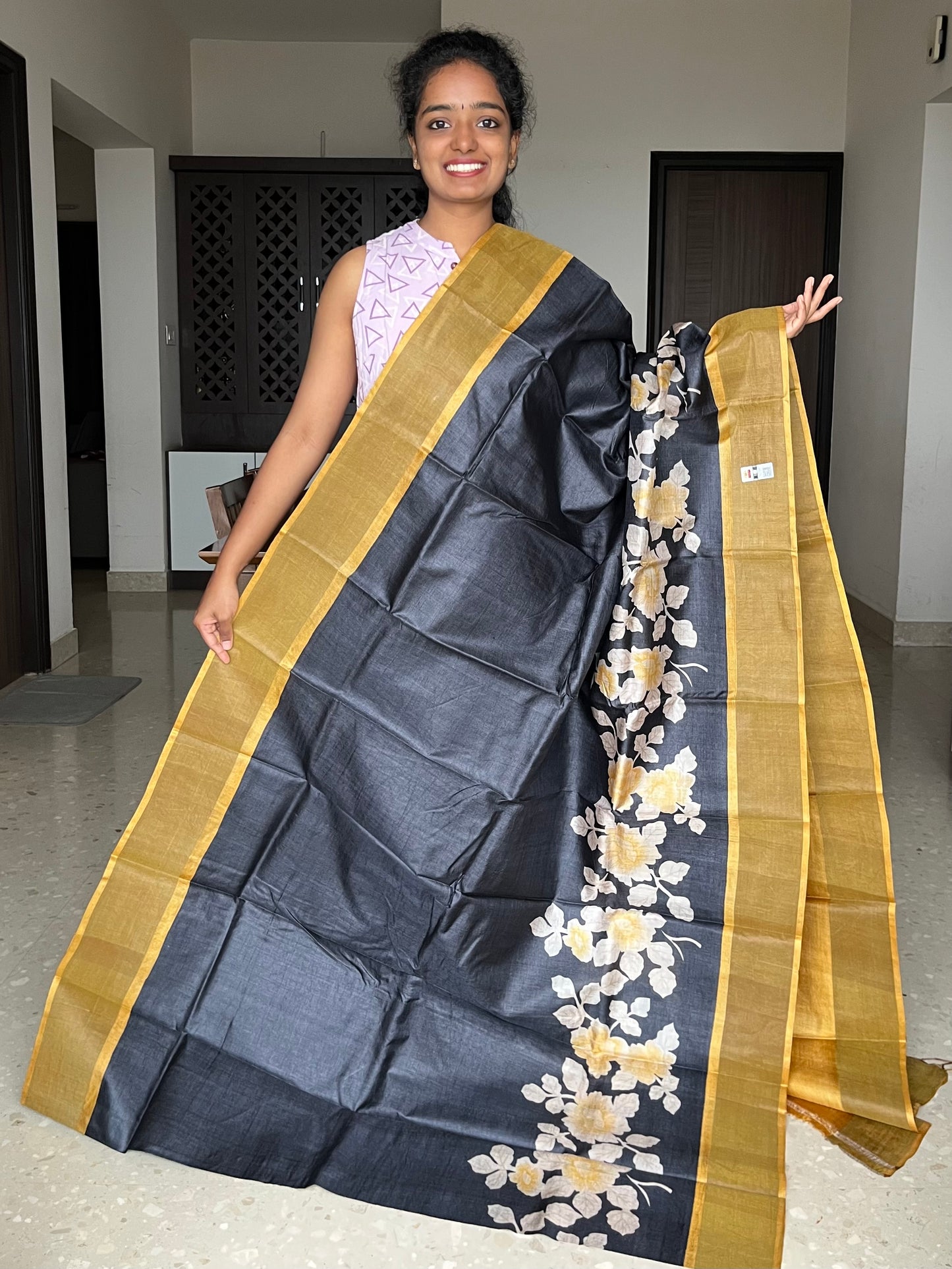 Black and Mustard Tussar Silk Saree with Prints