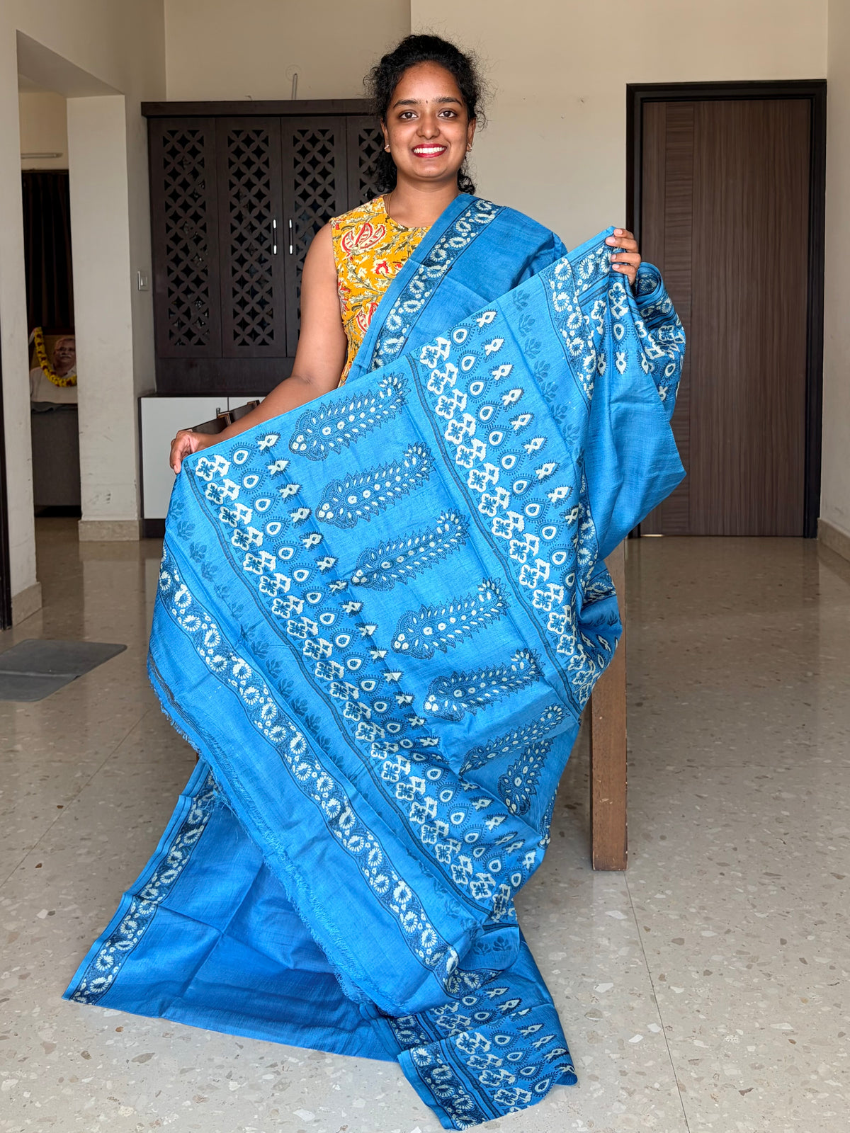 Blue Tussar Silk Saree with Prints