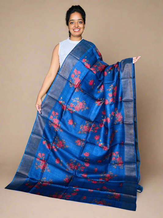 Ink Blue Tussar Silk Saree with Prints