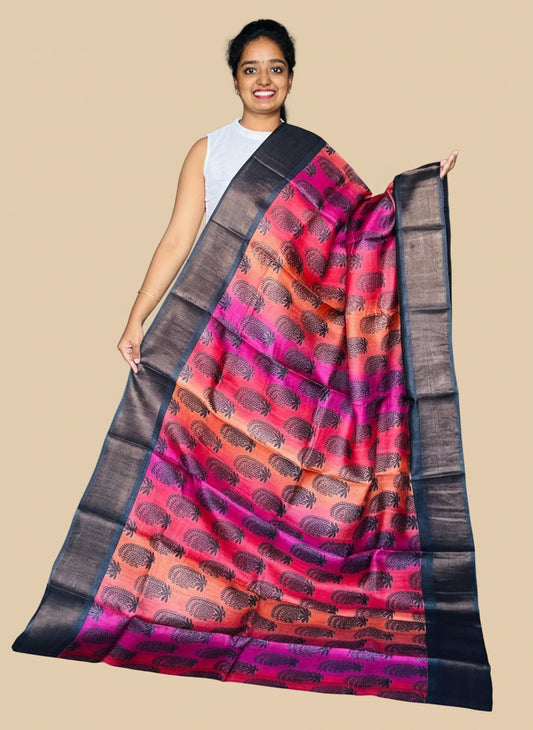 Multicolour Tussar Silk Saree with Prints