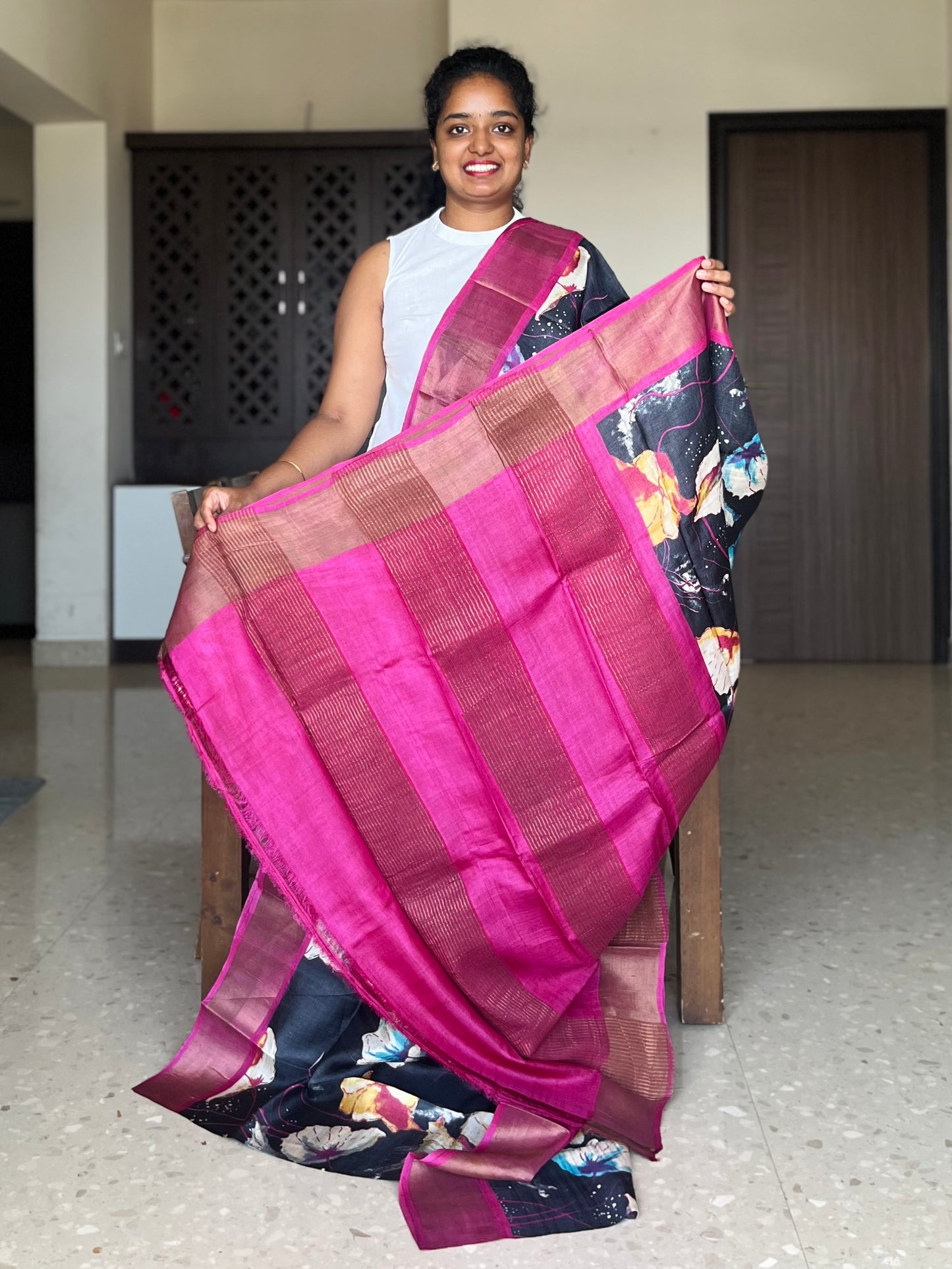 Black and Pink Tussar Silk Saree with Prints
