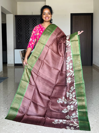 Brown and Green Tussar Silk Saree with Prints