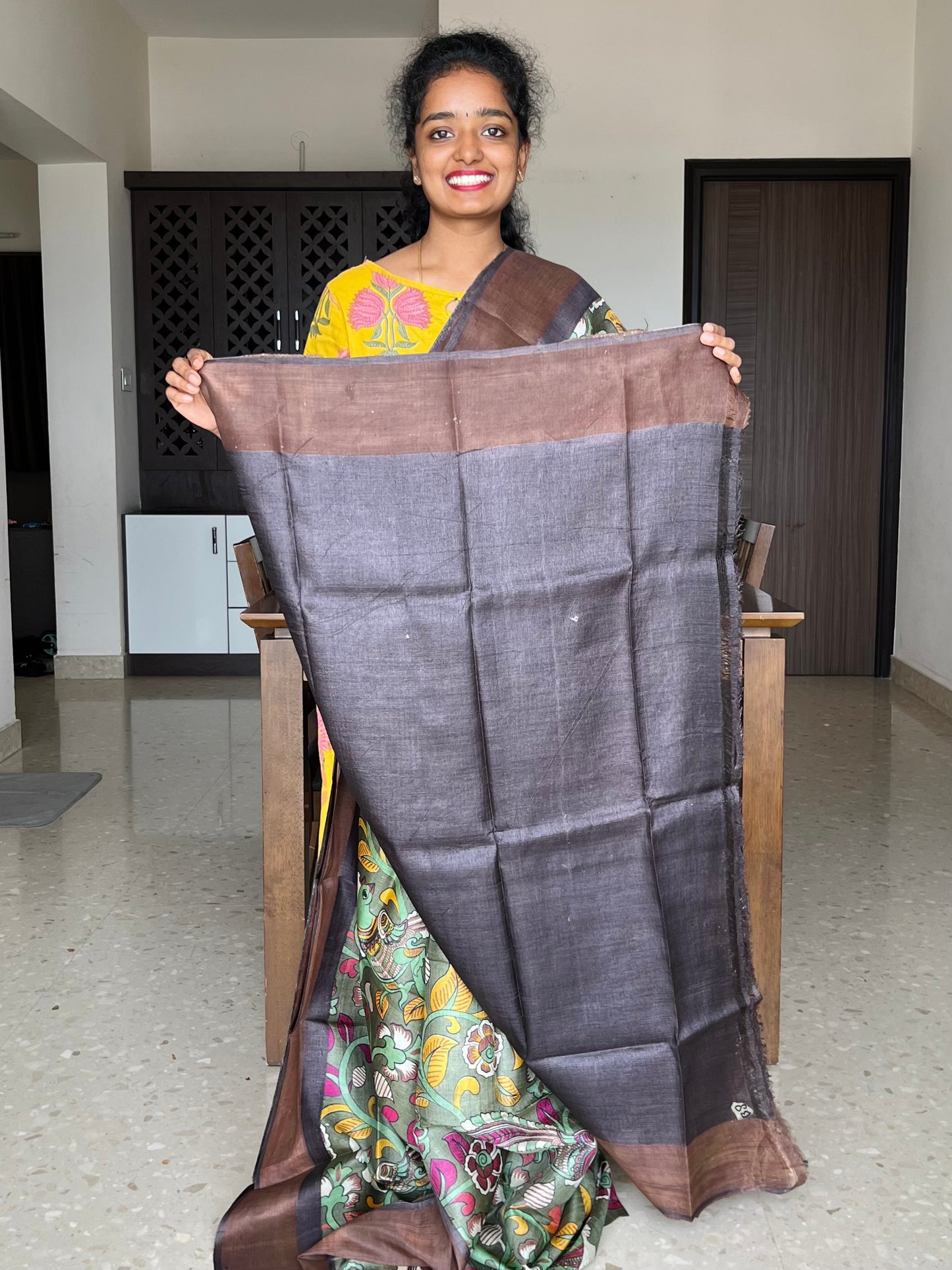 Olive Green and Brown Tussar Silk Saree with Prints