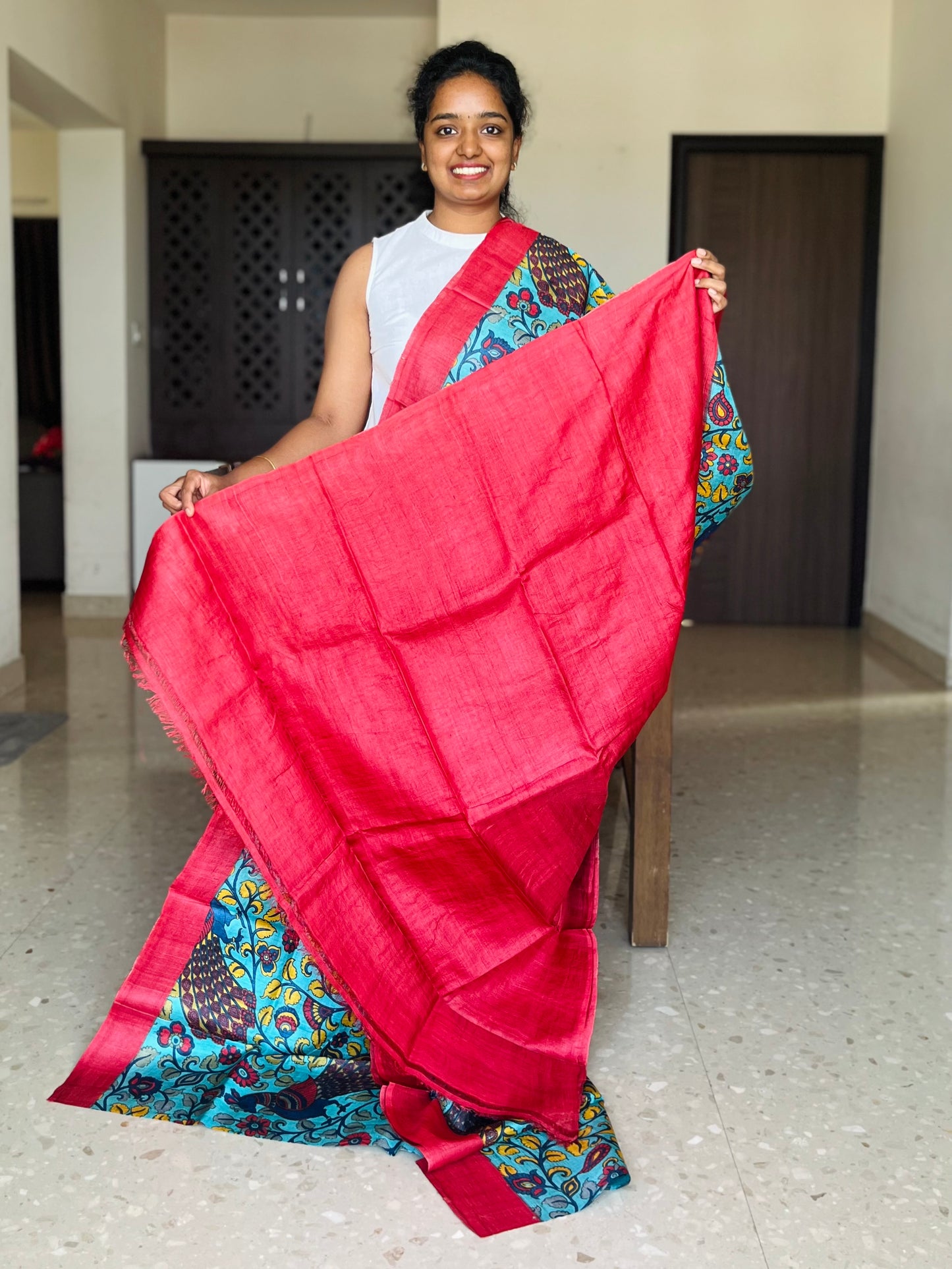 Blue and Red Tussar Silk Saree with Prints