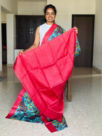 Blue and Red Tussar Silk Saree with Prints