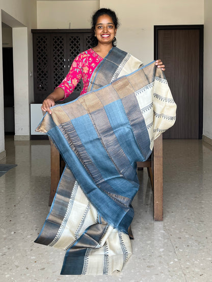 Cream and Grey Tussar Silk Saree with Prints