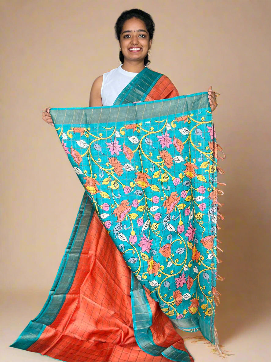 Orange and Rama Green Tussar Silk Saree with Prints