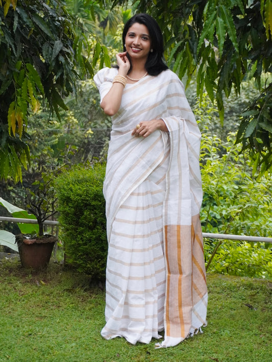 White Linen Cotton Saree with Zari Stripes