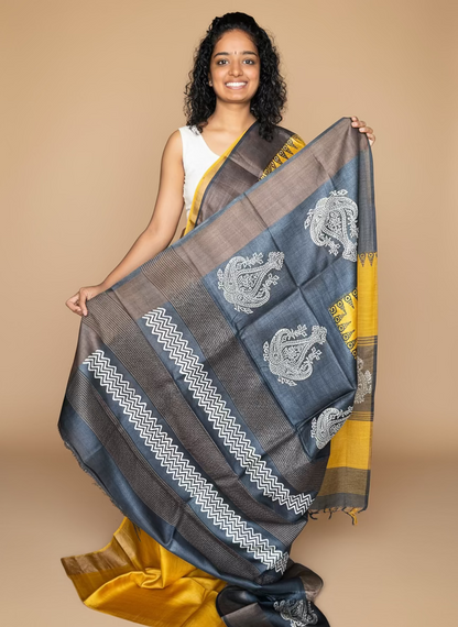 Yellow and Black Tussar Silk Saree with Prints