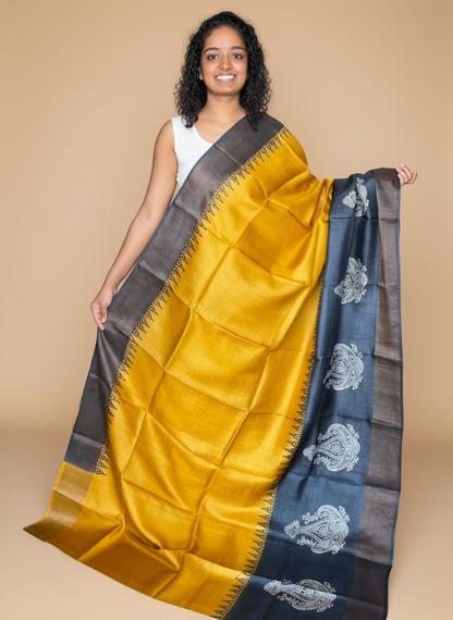Yellow and Black Tussar Silk Saree with Prints