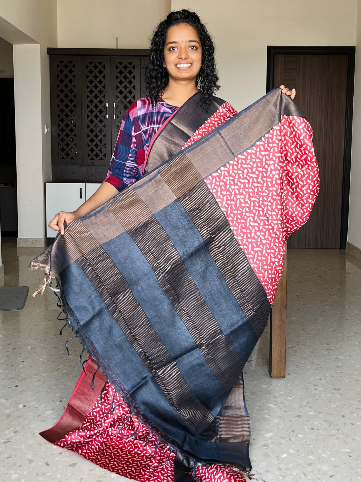 Red and Black Tussar Silk Saree with Prints