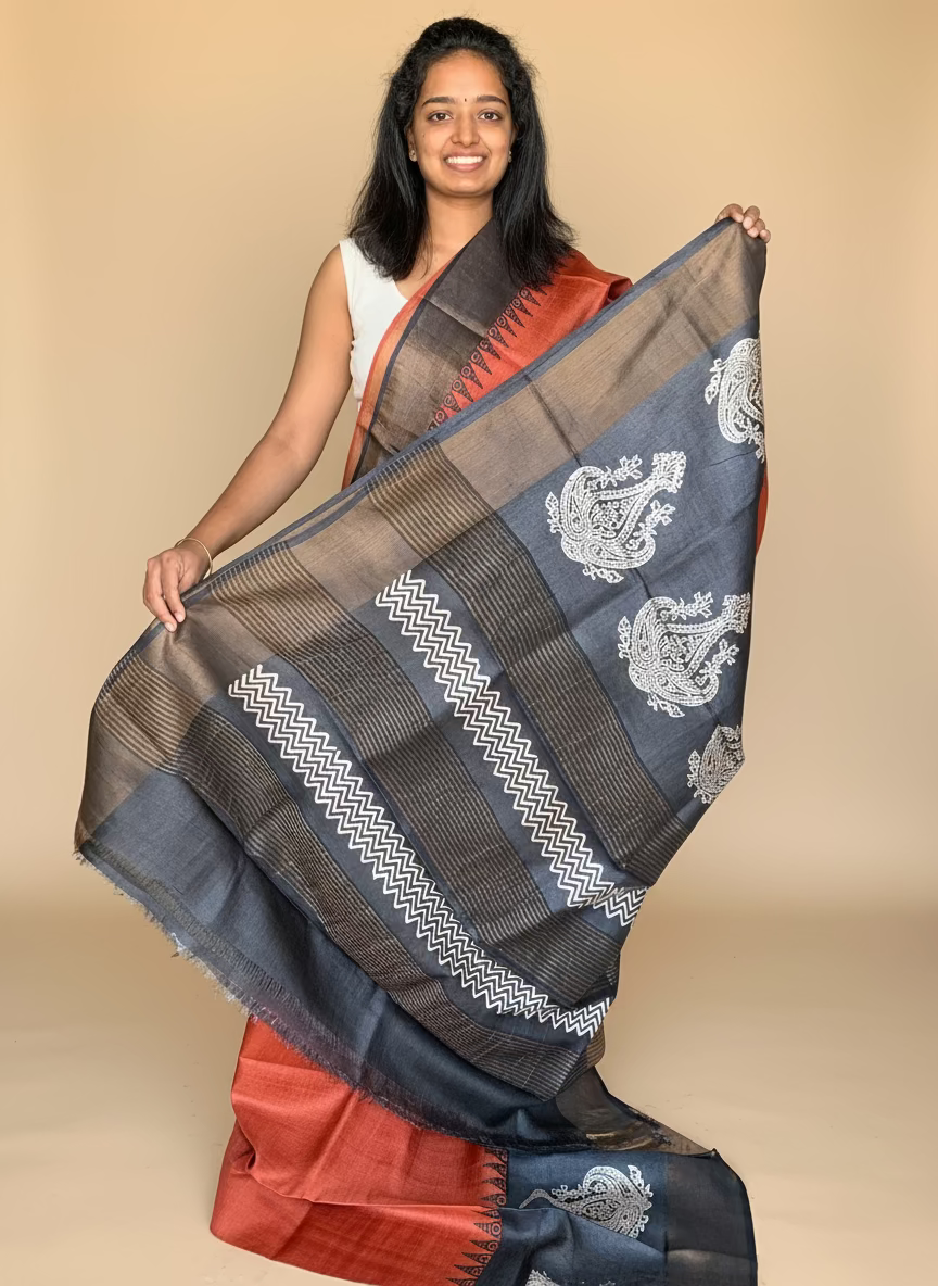 Rust and Black Tussar Silk Saree with Prints