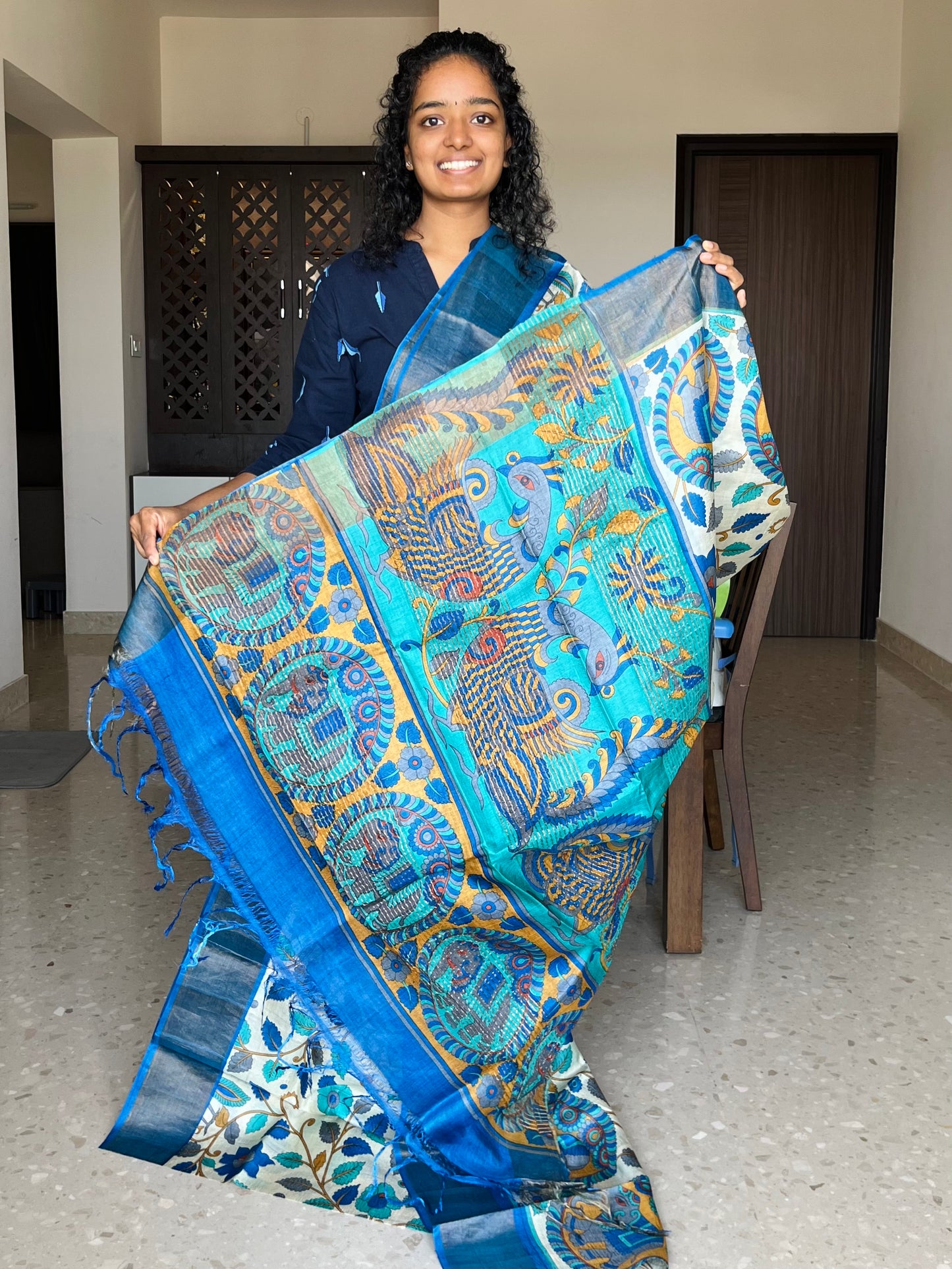 Cream and Blue Tussar Silk Saree with Kalamkaari Prints