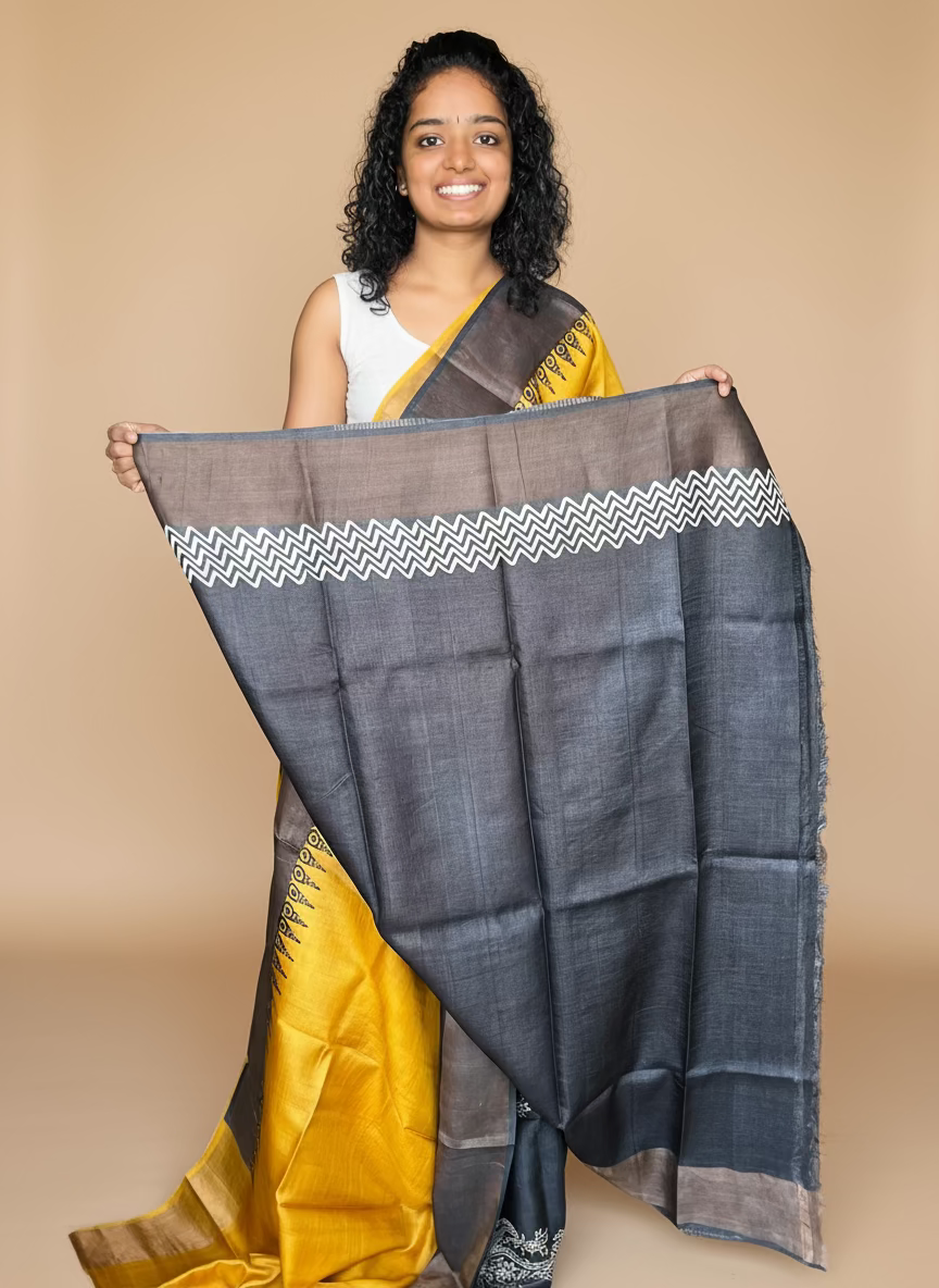 Yellow and Black Tussar Silk Saree with Prints