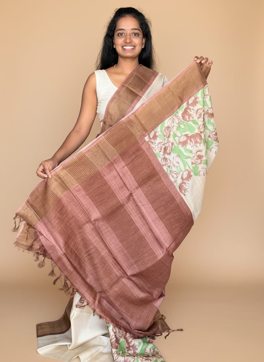 Cream and Brown Tussar Silk Saree with Prints