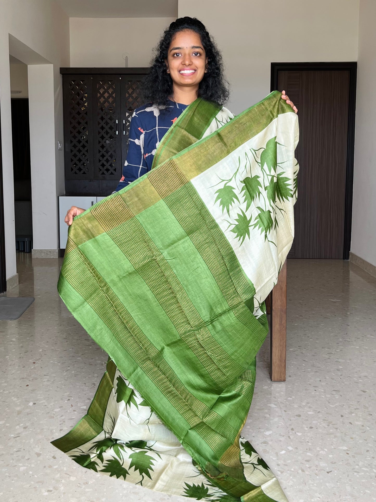 Cream and Green Tussar Silk Saree with Prints