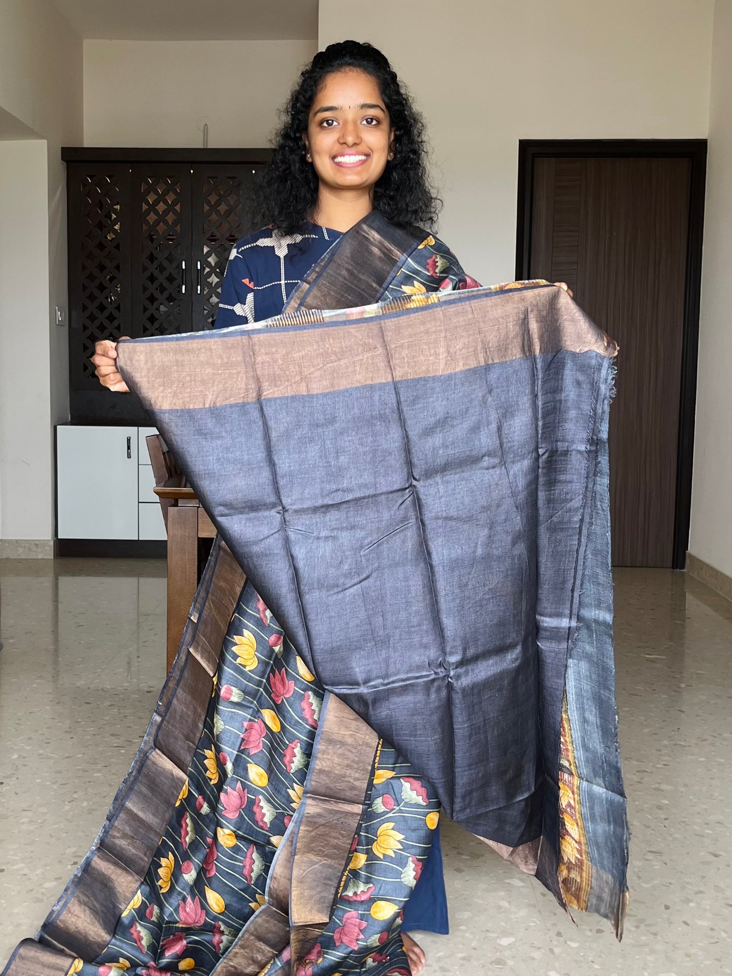 Black Tussar Silk Saree with Prints