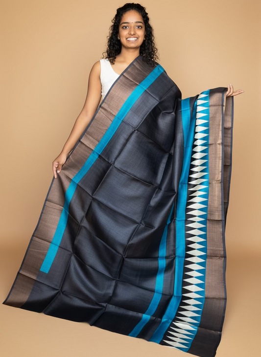 Black and Blue Tussar Silk Saree with Prints