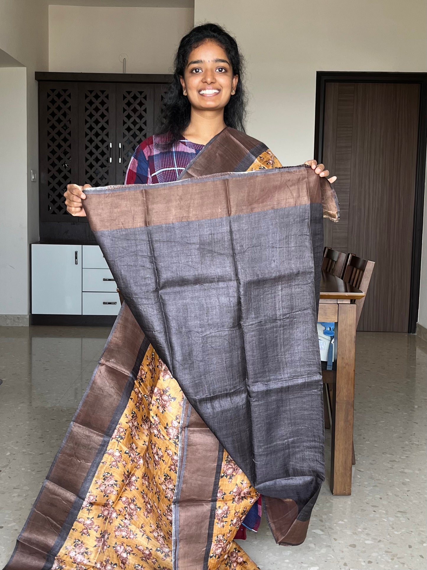 Mustard and Brown Tussar Silk Saree with Floral Prints