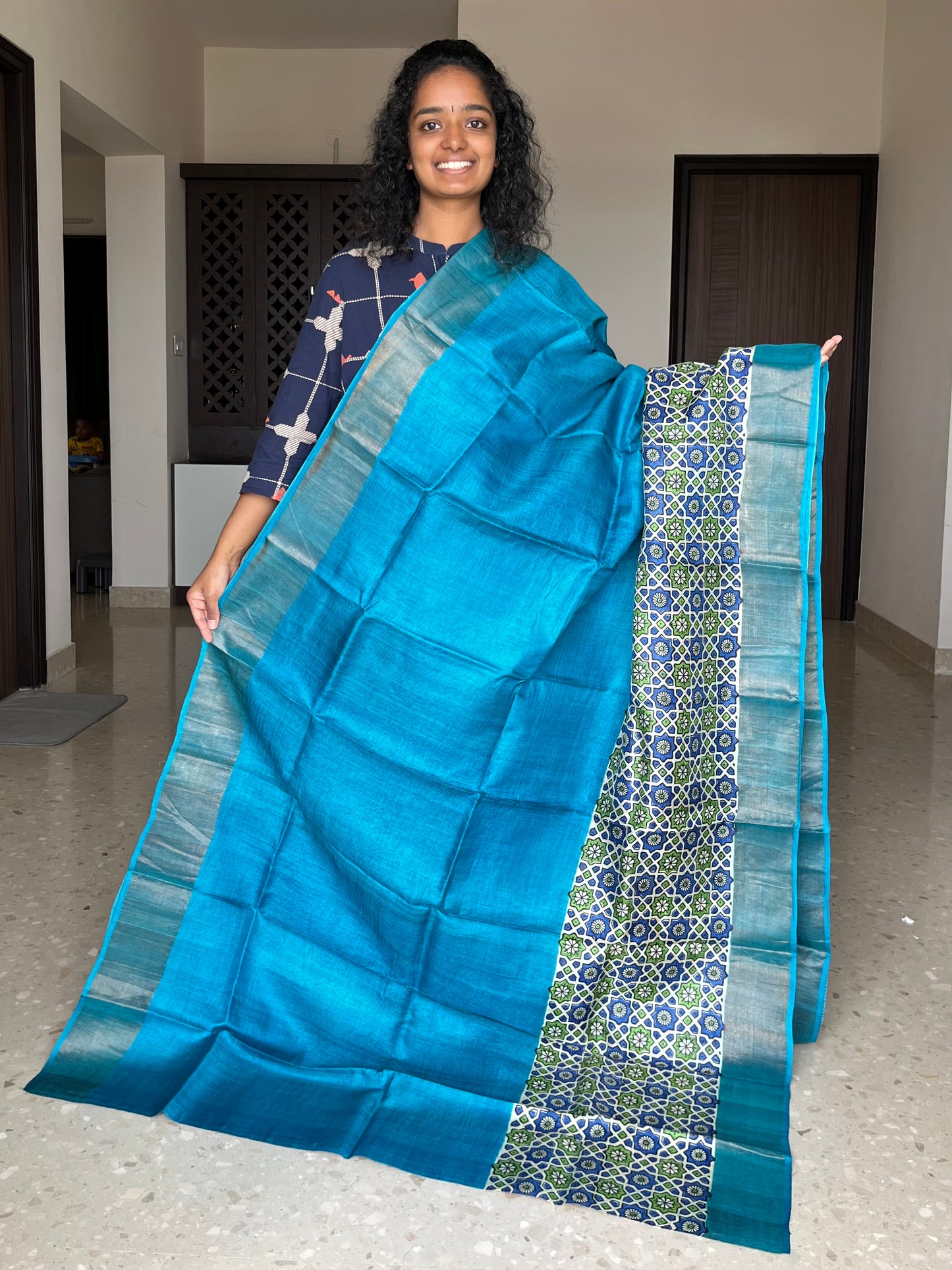 Blue Tussar Silk Saree with Prints