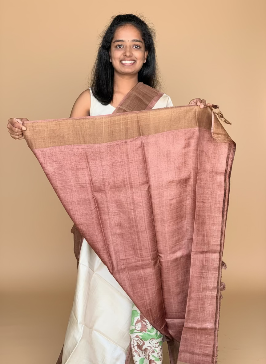Cream and Brown Tussar Silk Saree with Prints