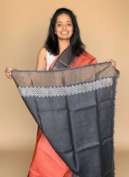 Rust and Black Tussar Silk Saree with Prints
