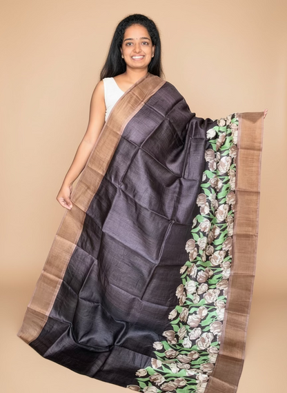 Brown Tussar Silk Saree with Prints