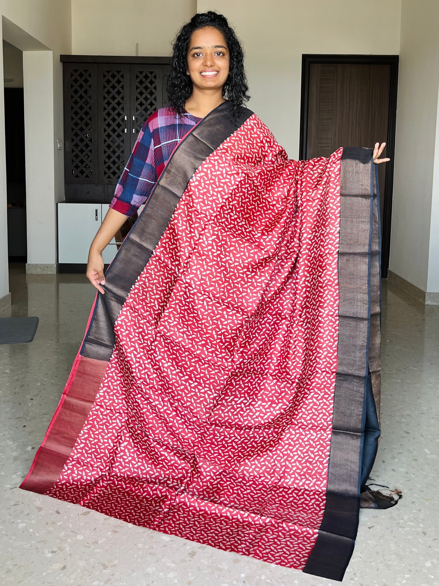 Red and Black Tussar Silk Saree with Prints