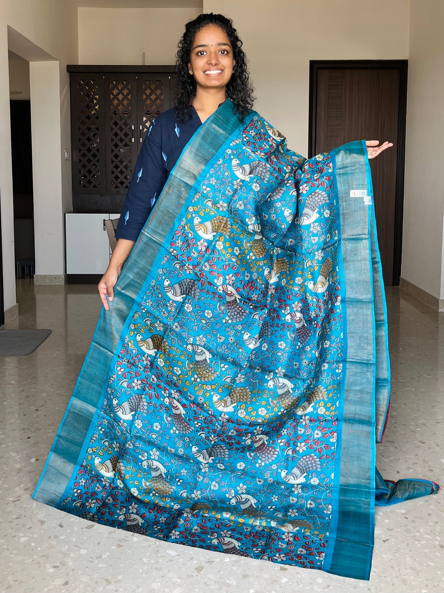 Blue Tussar Silk Saree with Kalamkaari Prints