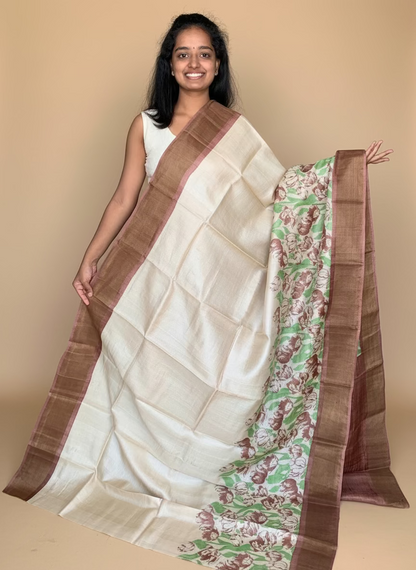 Cream and Brown Tussar Silk Saree with Prints