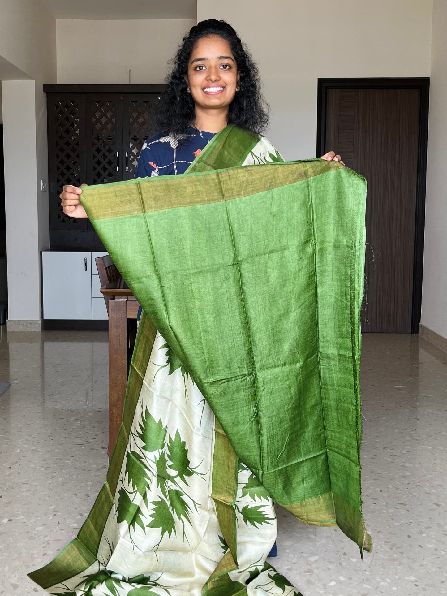 Cream and Green Tussar Silk Saree with Prints