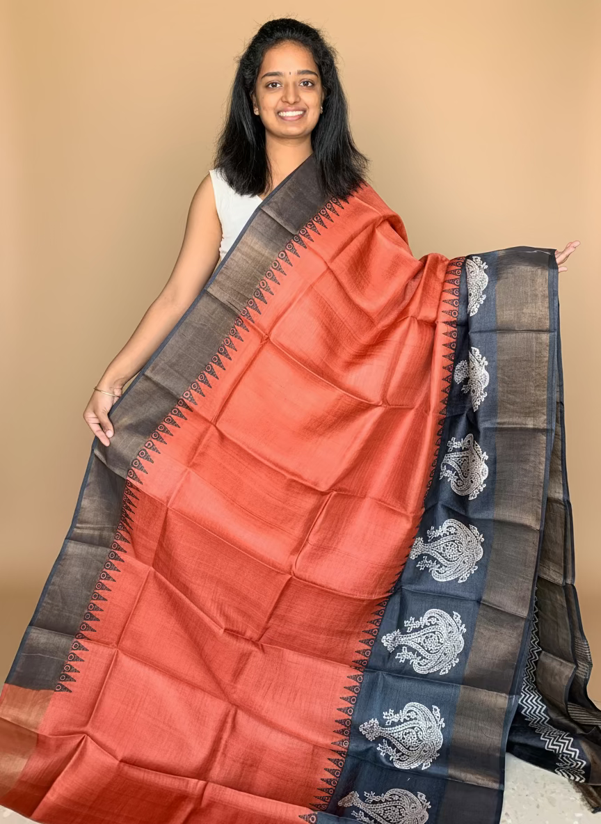 Rust and Black Tussar Silk Saree with Prints
