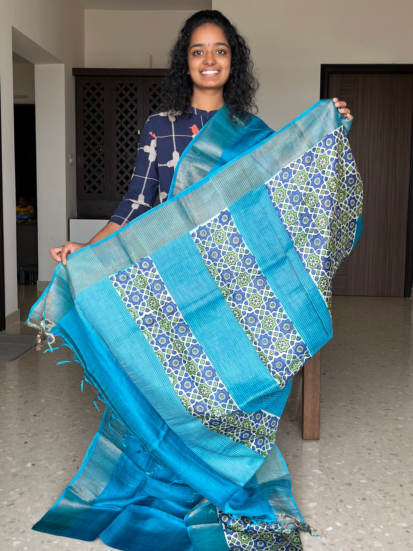 Blue Tussar Silk Saree with Prints