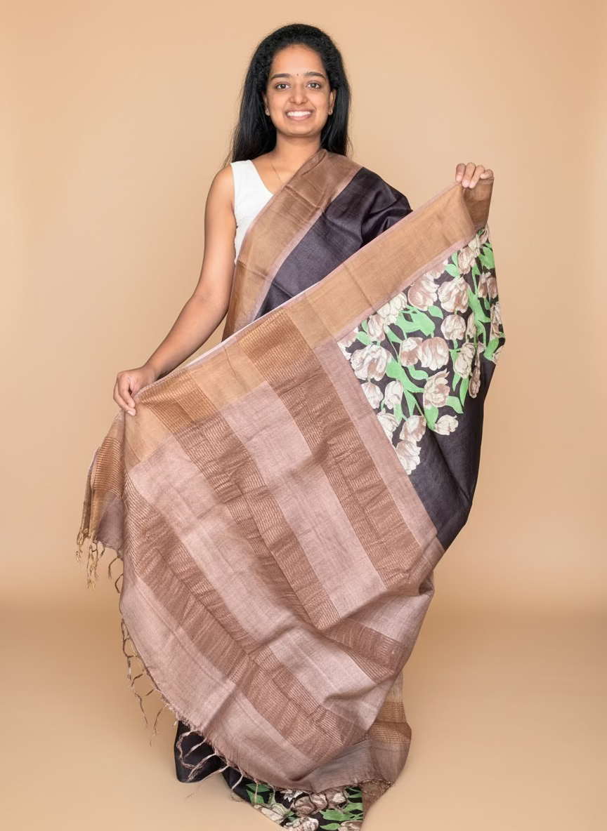 Brown Tussar Silk Saree with Prints