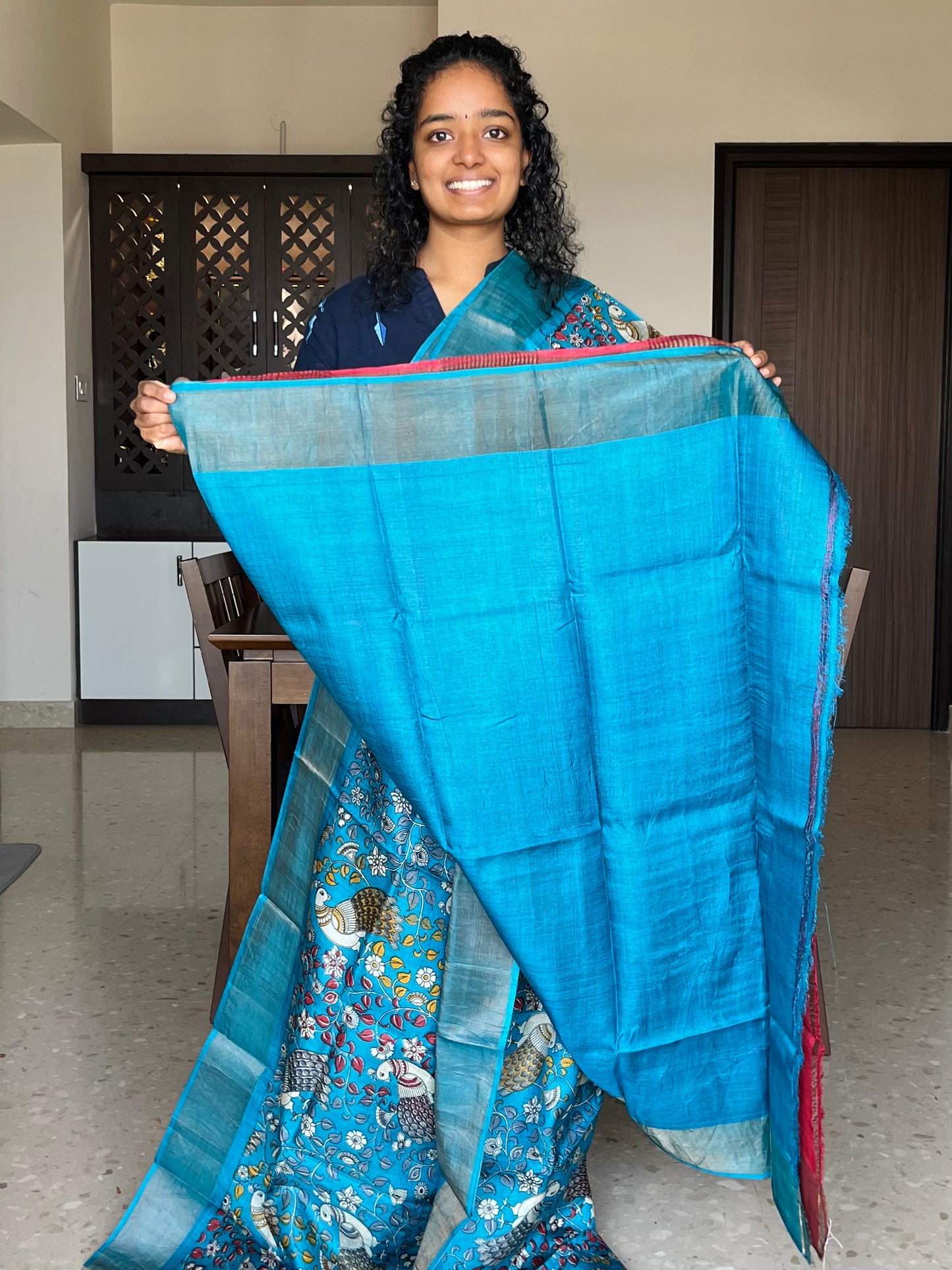 Blue Tussar Silk Saree with Kalamkaari Prints