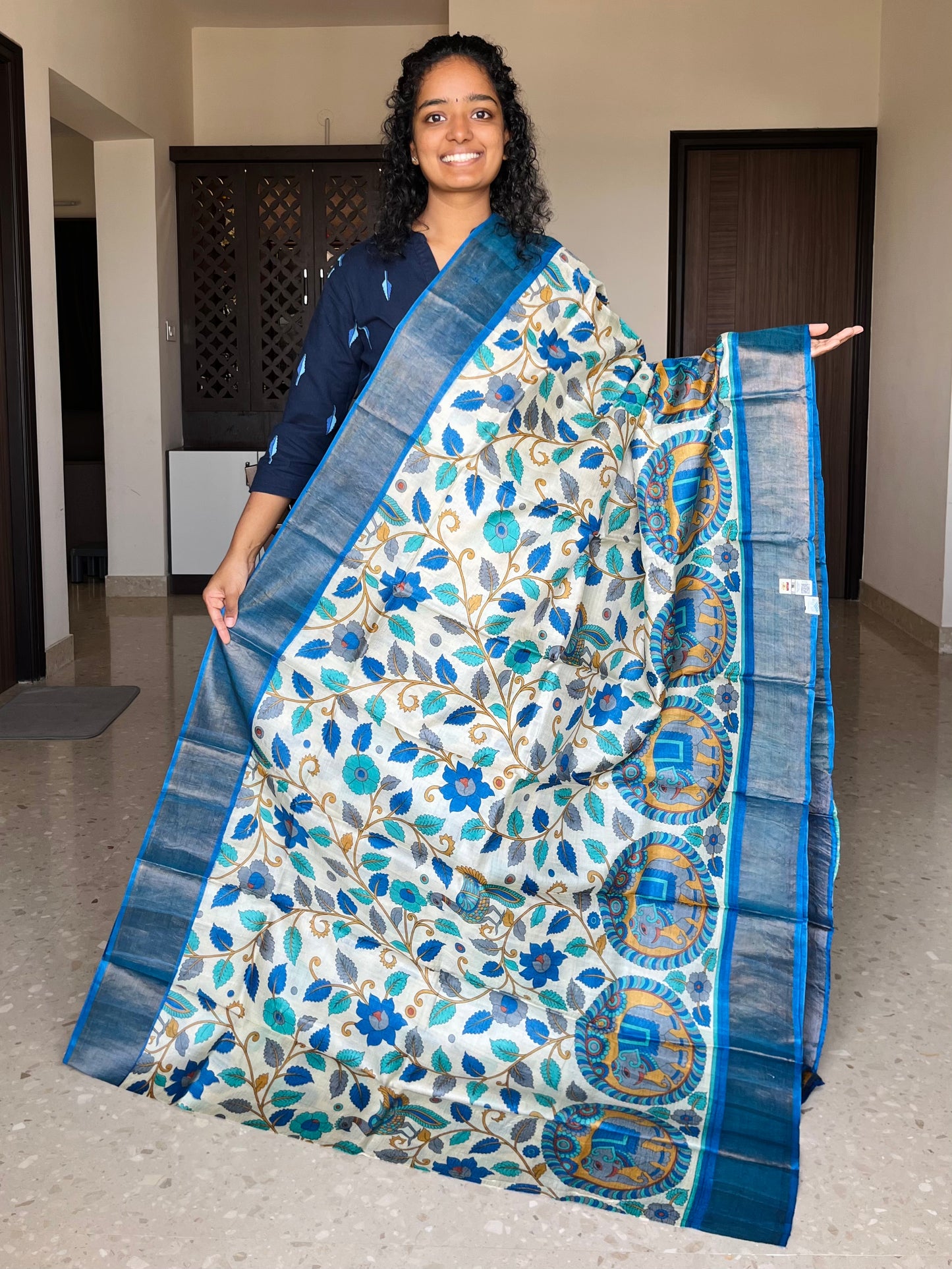 Cream and Blue Tussar Silk Saree with Kalamkaari Prints