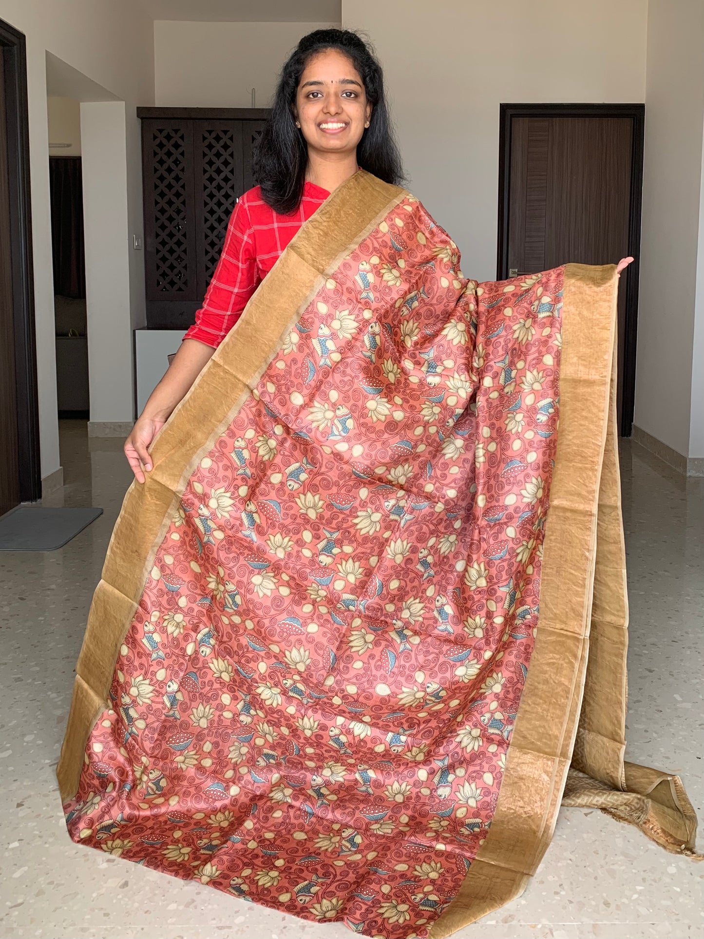Brick Red and Sandal Tussar Silk Saree with Prints