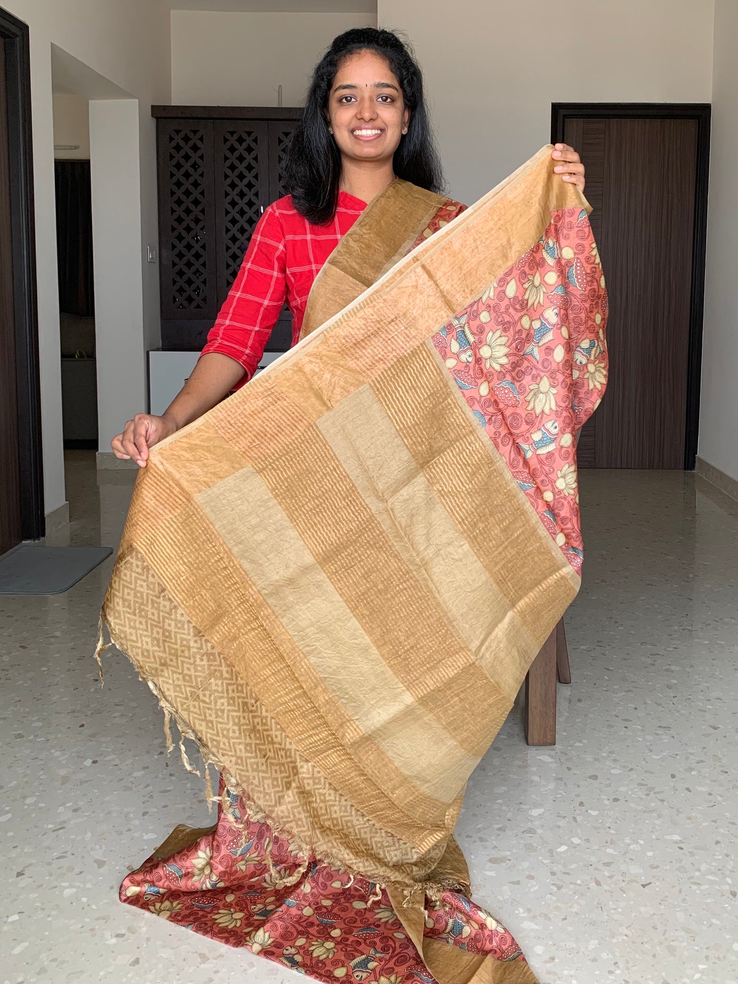 Brick Red and Sandal Tussar Silk Saree with Prints